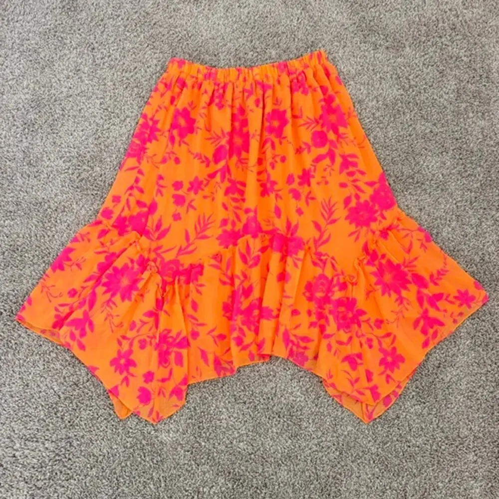 Scoop Midi-Maxi Skirt Flowy Tiered Ruffle Beachy Resort Art‎ Fair Boho Women L